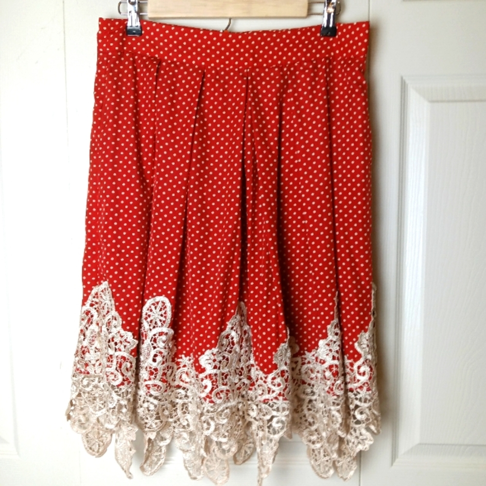 RYU :  Skirt Size L Orange Cream Polka Dot Print Lace Hem Pockets